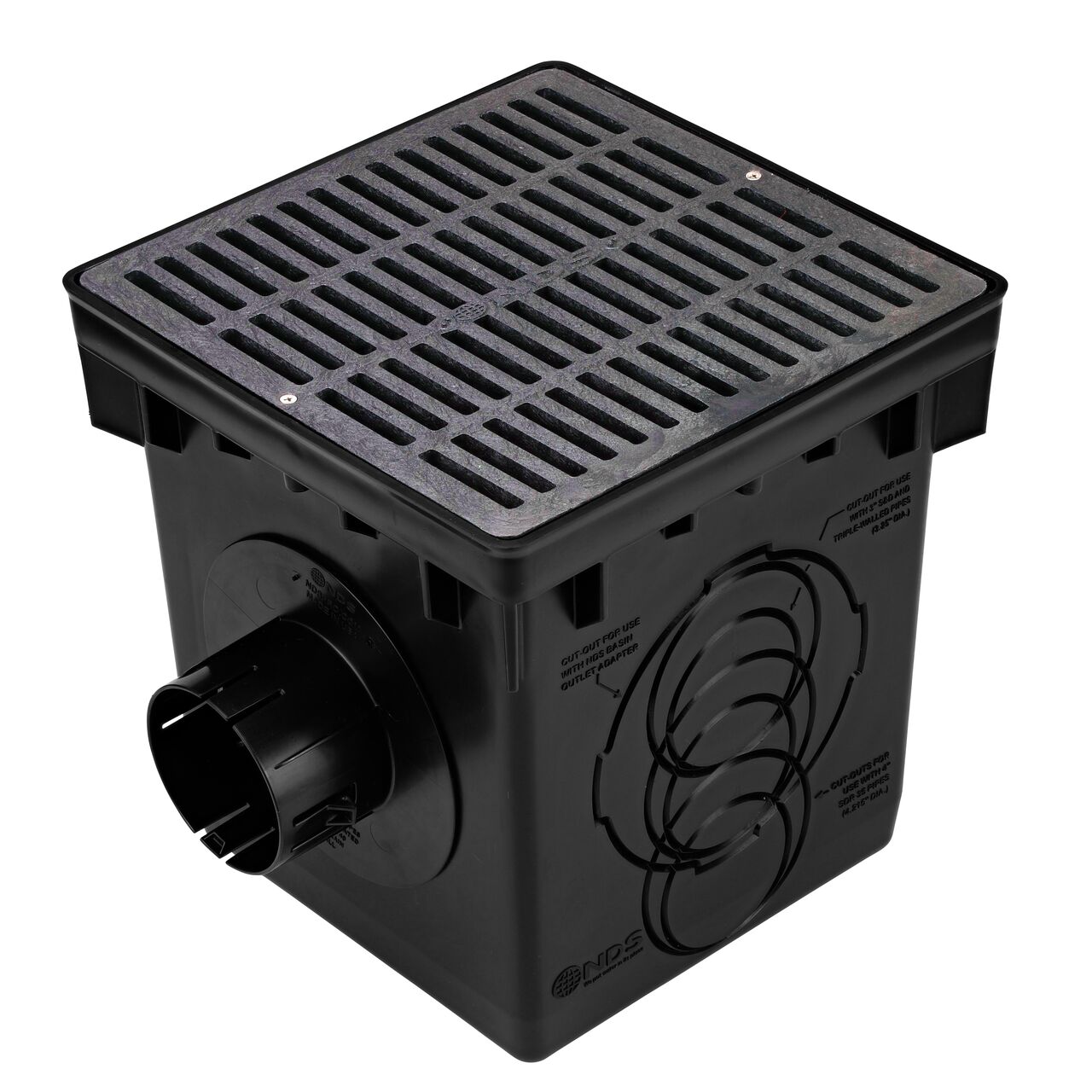 NDS black plastic 12 in. Catch Basin Drain Kit with black grate (NDS 1200BLKIT) drains water as it blocks pipe-clogging debris