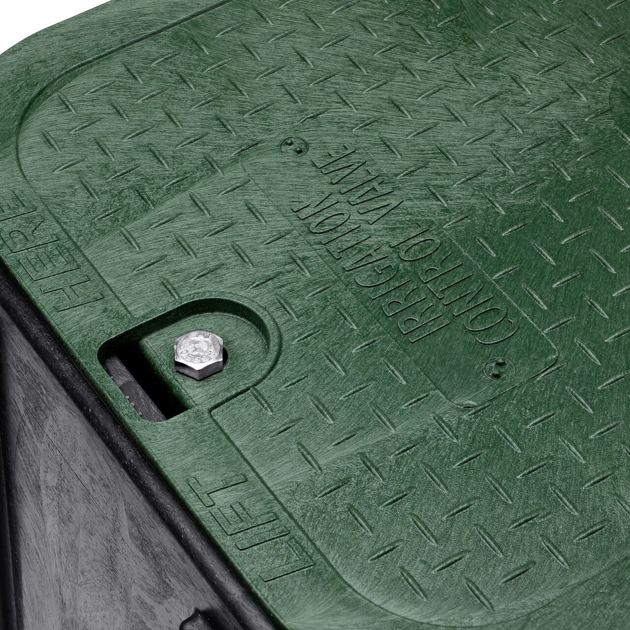 The valve box lid and bolt securely in place on the NDS 14 X 19 in. Rectangular Pro-Spec® Series Black Box and Green Irrigation Control Valve Cover (NDS 313BCB) keeping components protected against the elements, foot traffic, lawn care equipment, and potential vandalism while keeping them out of sight