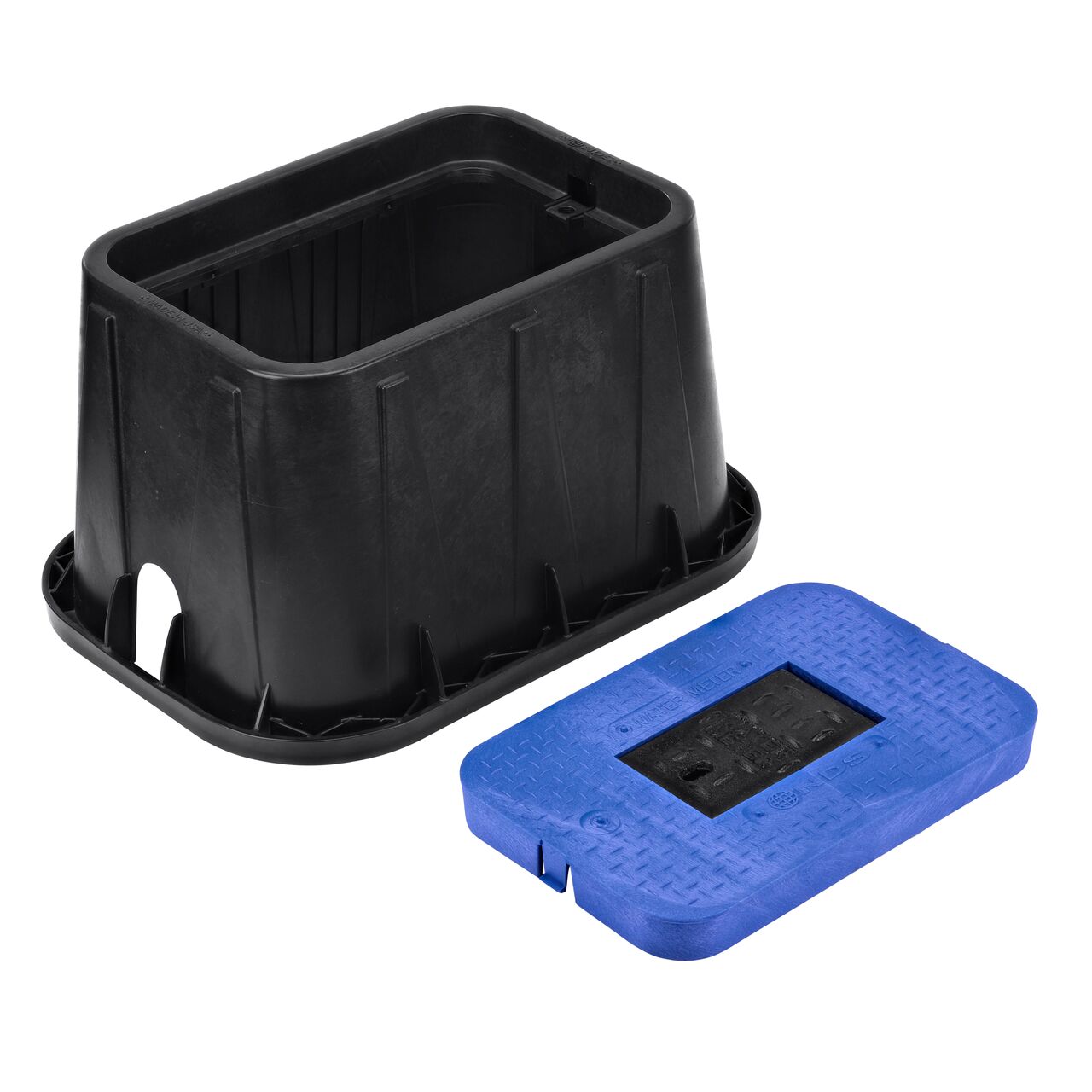 Unassembled View of the NDS 14 in. X 19 in. Rectangular Standard Series meter box with universal locking mechanism enabling a variety of bolts and screws to be used to secure the covers, and Blue Water Meter Drop-In lid cover (NDS D1200-DICIRBLU) with Cast Iron reader door
