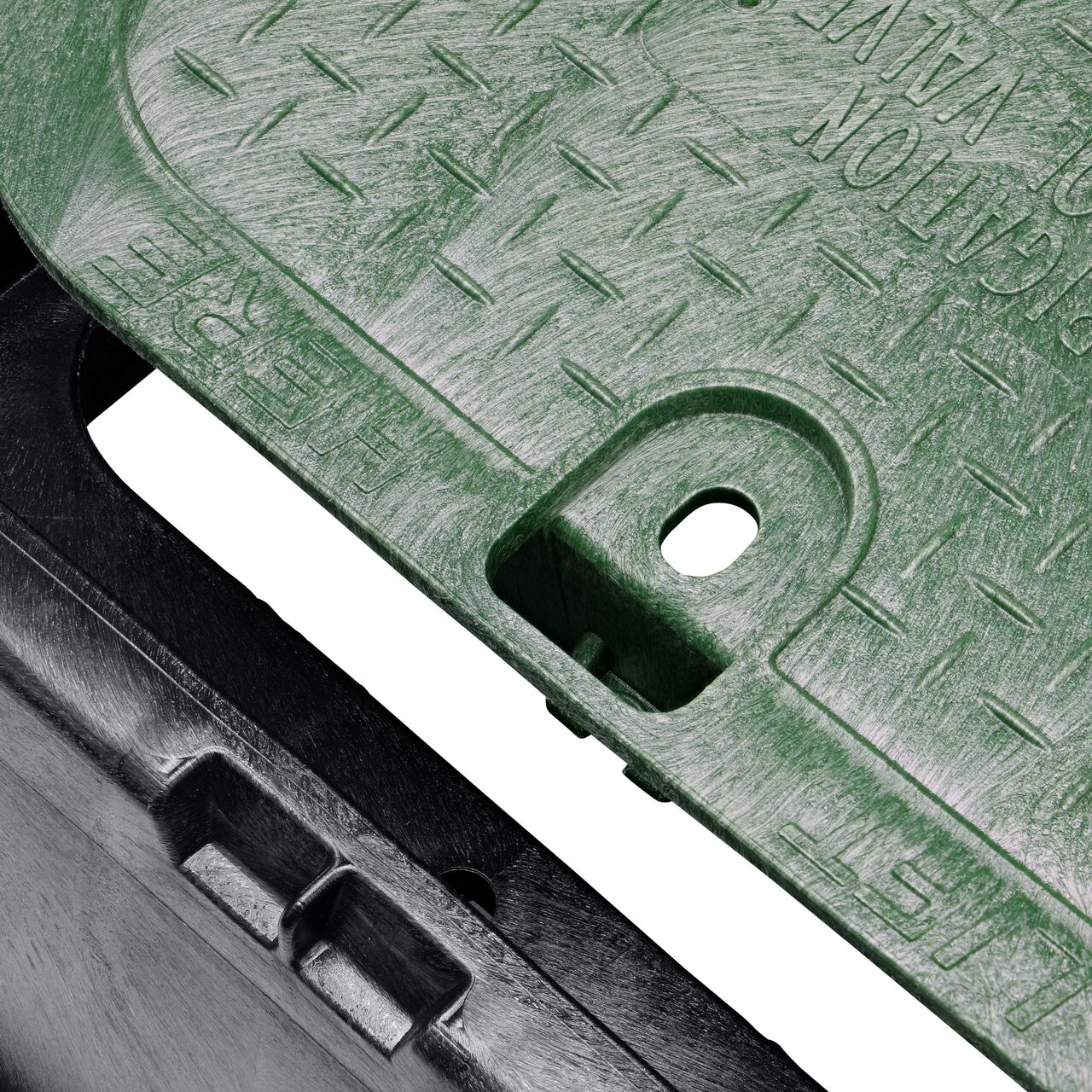 Align the bolt hole on the lid with the bolt hole from the NDS 14 in. x 19 in. Rectangular Standard Series Black Box Tapered Extension and Green Irrigation Control Valve Cover (NDS 115TBC) for a secure fit