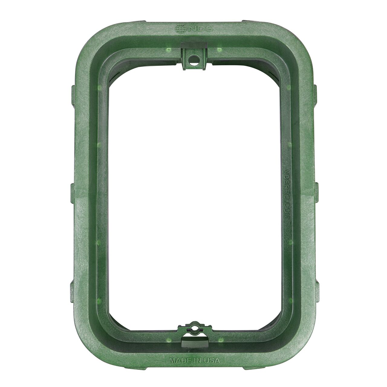 Top down view of the inside of the durable Green plastic 14 in. X 19 in. Rectangular Pro-Spec® Series Valve Box (NDS 314B) showing the universal locking mechanism, which allows a variety of bolts and screws to be used to secure the covers