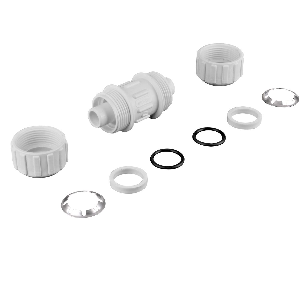 The NDS 3/4 in. SIDIR-7 Flo-Lock™ Gripper Coupling for PE Pipe fully unassembled showing the steel gripper, EPDM O-Ring and stiffner (NDS 810-07)