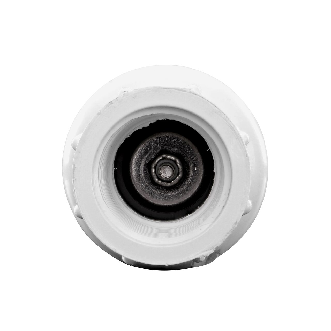 View of the adjustable nut within one threaded end on the NDS White 3/4 in. IPS FPT X FPT PVC Adjustable Spring Check Valve (NDS 1205-07, NDS 1205-07-20)