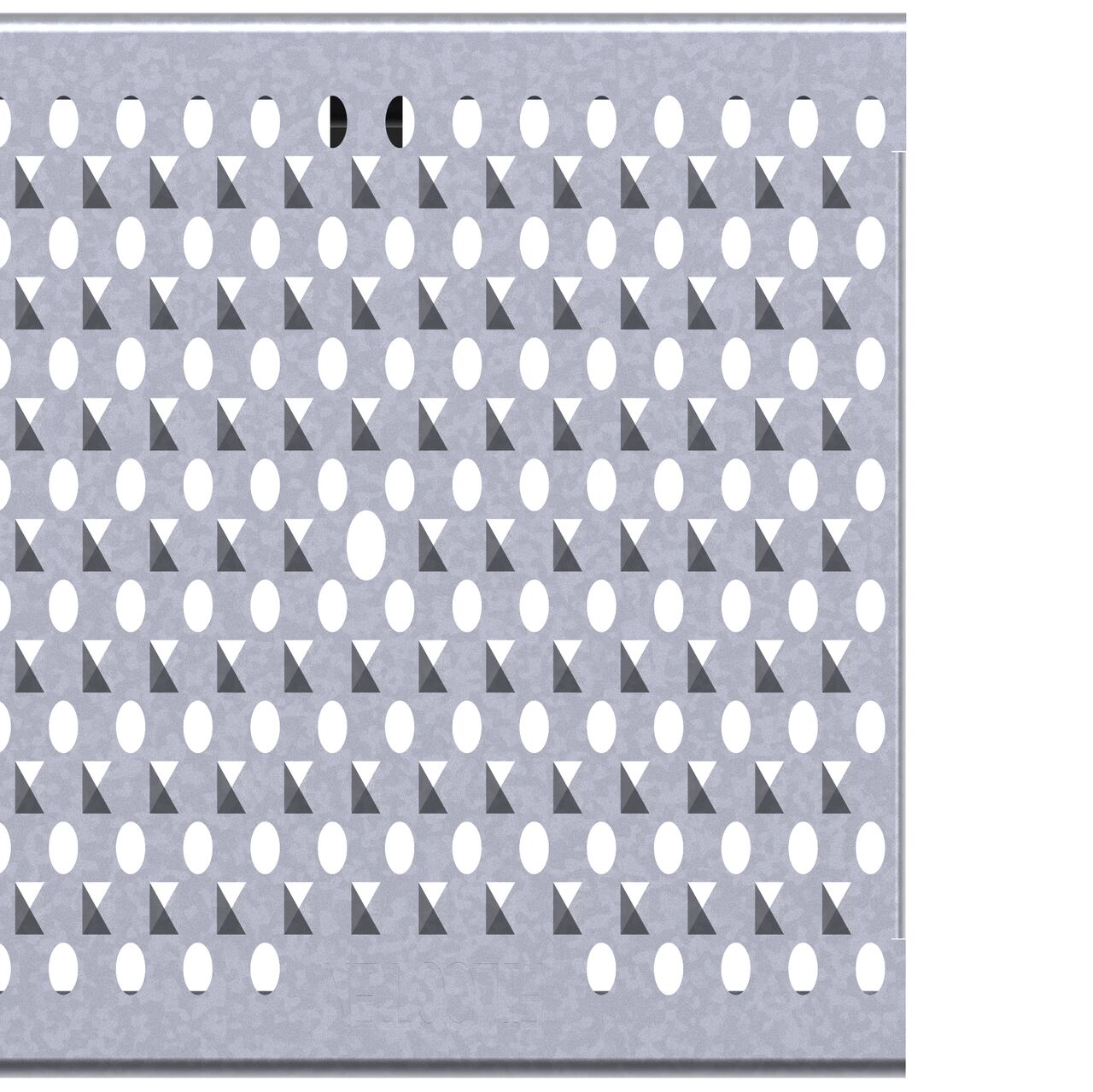 Closeup view of the end of the class C perforated design galvanized steel BG-FILCOTEN® 100 Trench Drain Grate (NDS 17010228) showing the edge and clips that secure to the channel trench drain