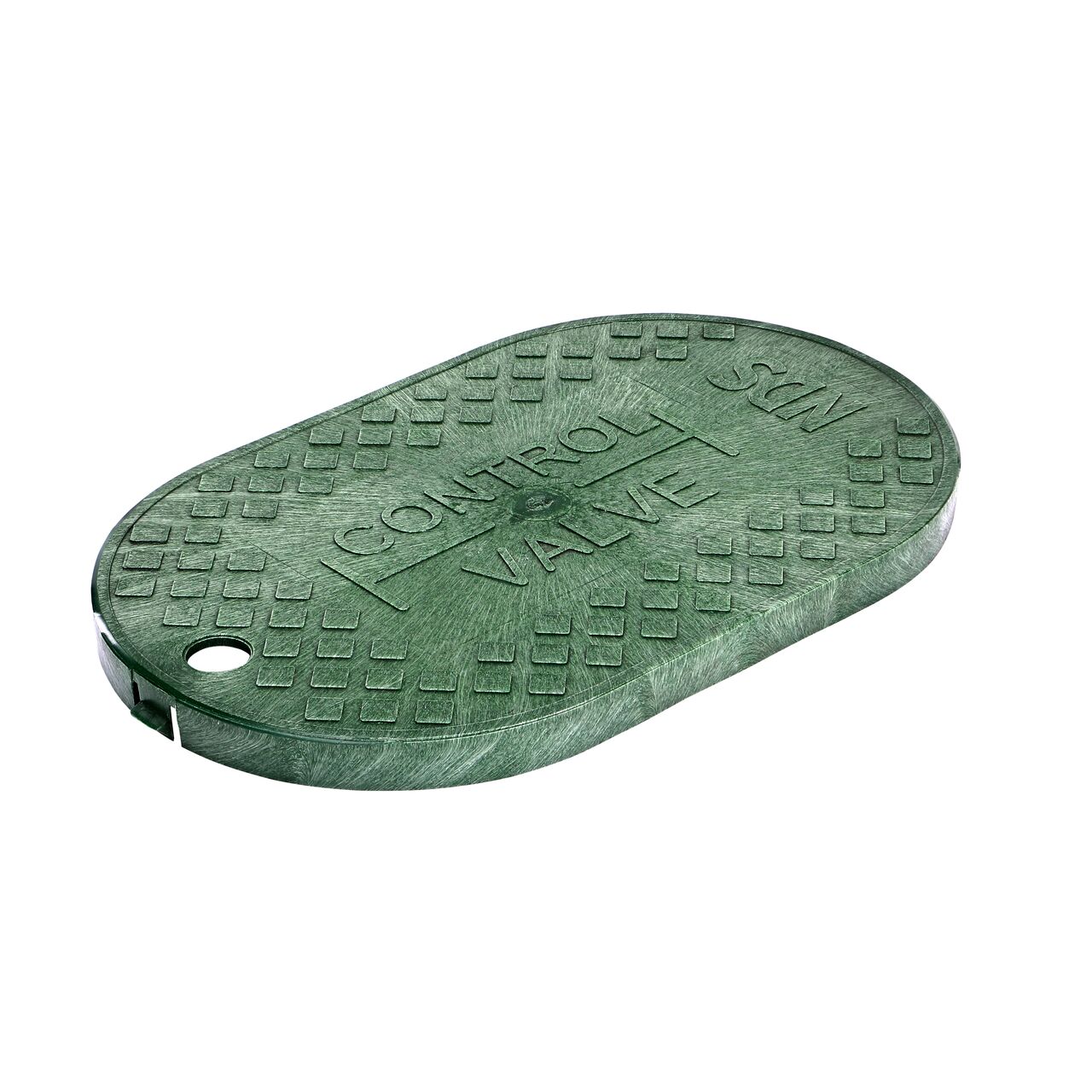 This NDS 8 in. x 14 in. Oval Standard Series Valve Box Cover is a Green Cover with Control Valve markings on the lid (NDS M4-SGL) and fits NDS standard series 8 in. x 14 in. oval valve boxes