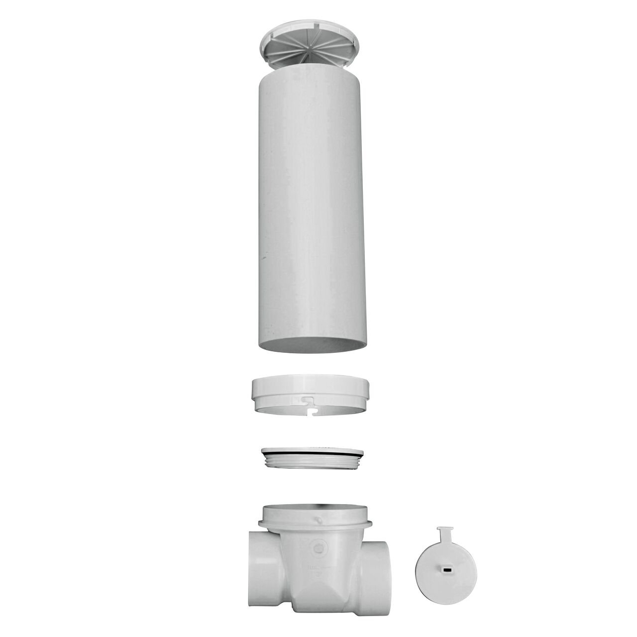 Exploded view of the NDS 3 in. White PVC Backwater Valve with Riser and Cover showing lid, riser, BWV pipe extension collar, cap, cap O-Ring, back water valve (NDS 375PR) and how it will be assembled