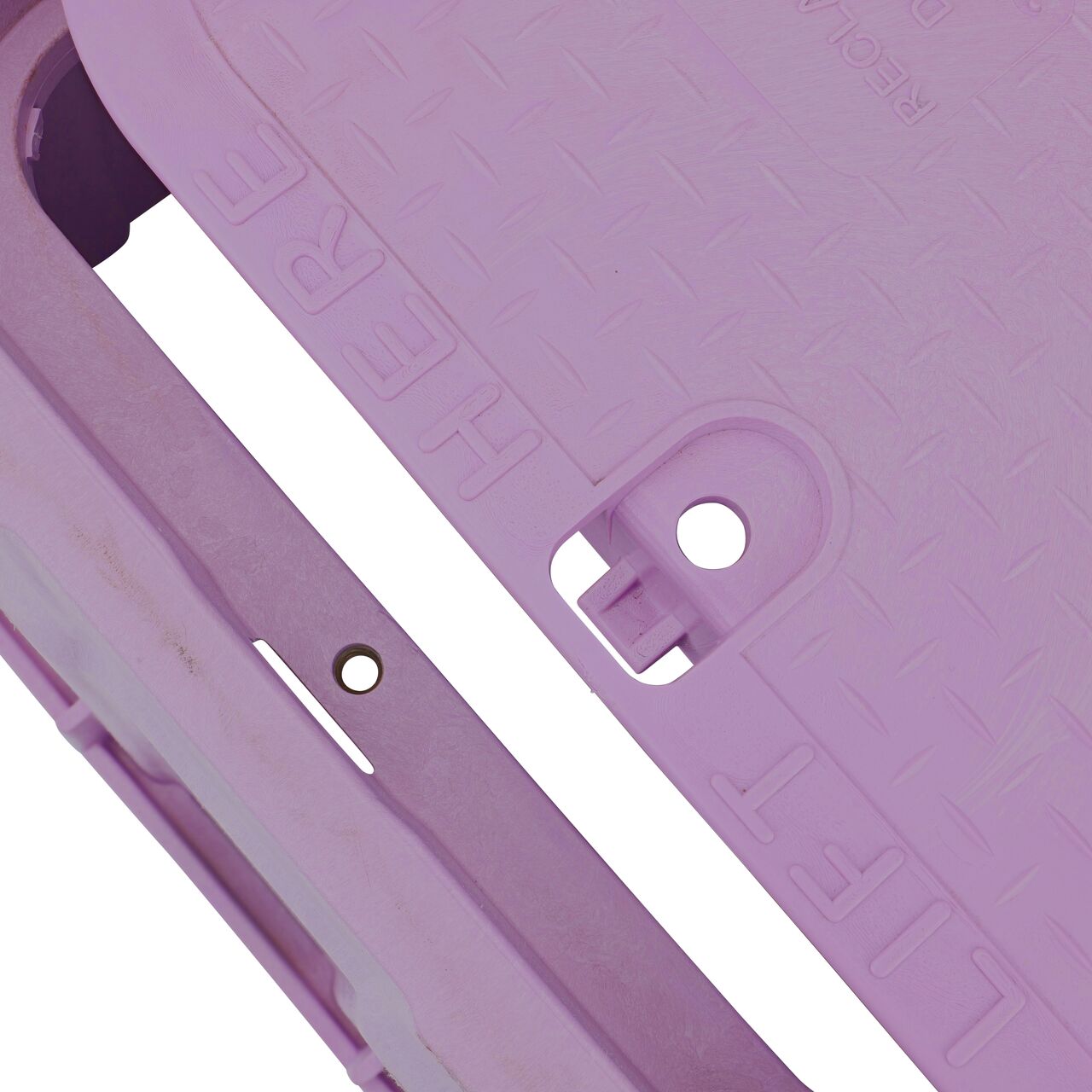 Align the bolt hole on the lid with the bolt hole from the NDS 13 in. X 20 in. Rectangular Pro-Spec® Series Purple Box and Purple Reclaimed Water Cover (NDS 318PBCR) for a secure fit