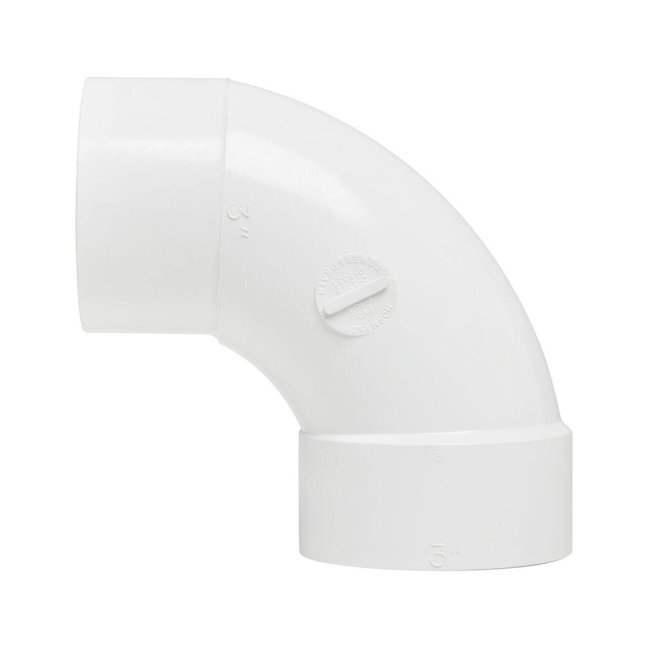 Side view of the NDS 3 in. PVC 90° long-turn street elbow with a Hub and Spigot connection for sewer and drain pipes (NDS 31P0ST)