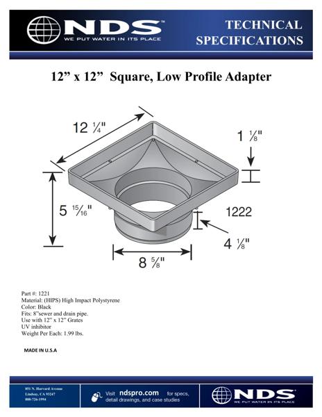 NDS 12 in. Square Low-Profile Adapter for 8 in. Sewer and Drain Pipe Tech Spec