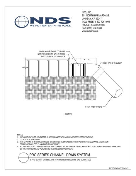 NDS 3 in. Pro Series™ Channel Drain System End Outlet 2 Installation Detail