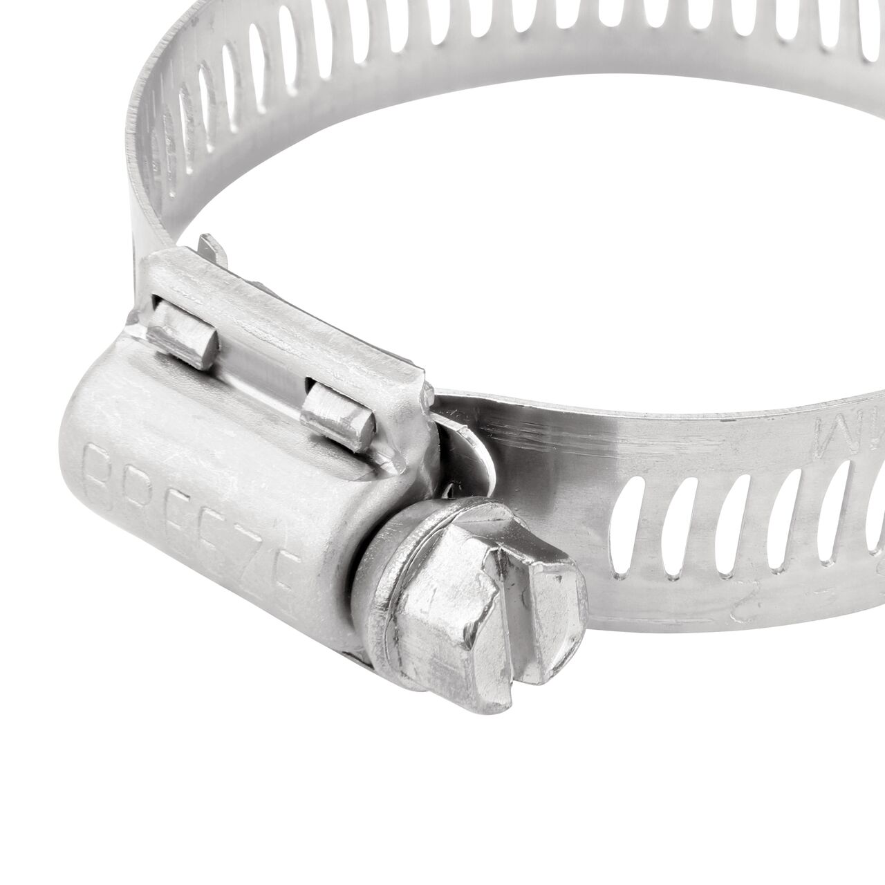 Closeup view of the NDS SAE 24 Worm Drive Hose Clamp with Aero Seal 1/2 in. band width (NDS 64024H) with a 5/16 in. 410 Stainless Steel hex screw; tighten to 30-45 in. lbs. torque to close