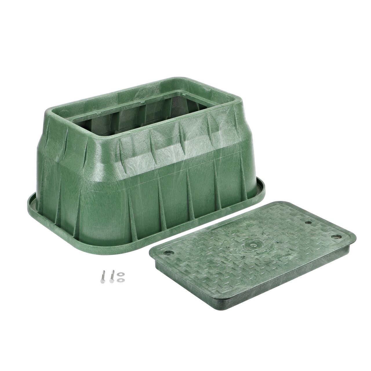 Unassembled View of the NDS 13 in. X 24 in. Green Rectangular Pro-Spec® Series valve box, and Green Telecom Overlapping cover (NDS 322BCBT) which includes bolts for securing the lid in place