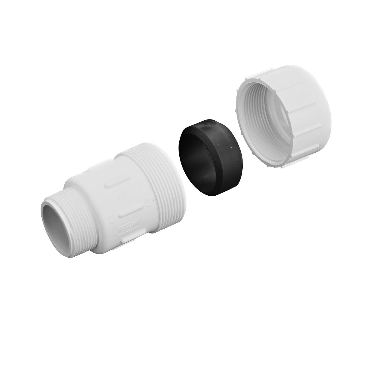 The PVC Compression Adapter 1-1/2 in. IPS UC X 1-1/2 in. IPS MPT unassembled showing that the adapter comes with adjustable nut for corrosion-free connection and reduces pull-out from pipes (NDS CPA-1500)