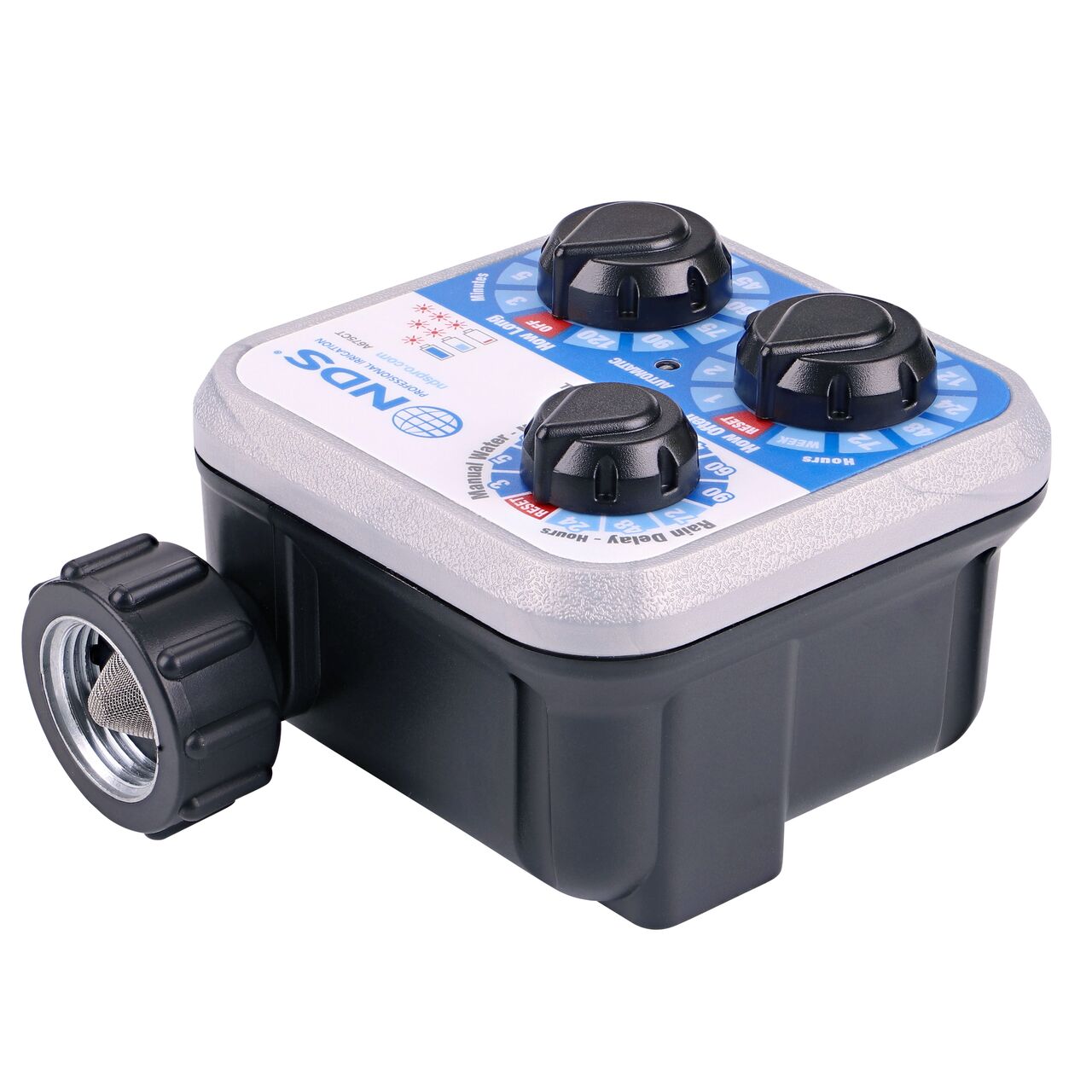 The inlet connection of the NDS Automatic Water Timer screws onto an outdoor faucet or hose bibb (NDS A675CT)