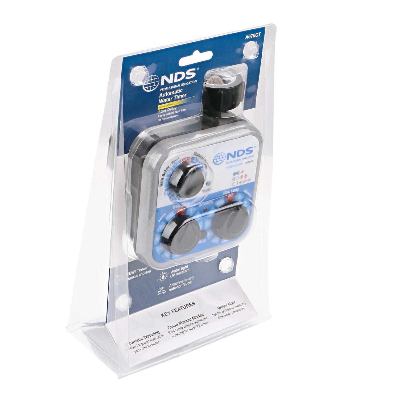 The NDS Automatic Water Timer comes in a clear clamshell packaging (NDS A675CT)