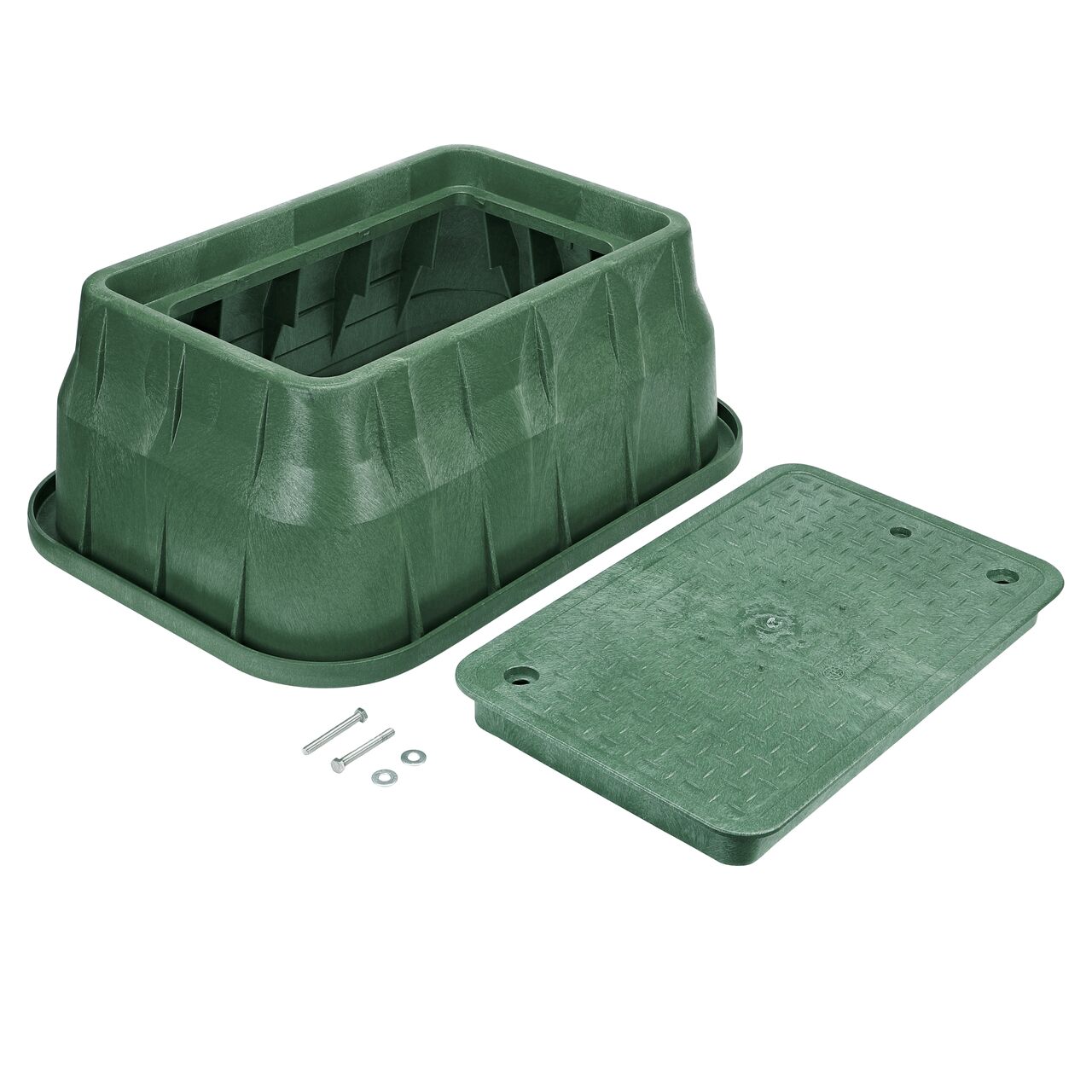 Unassembled View of the NDS 13 in. X 24 in. Green Rectangular Pro-Spec® Series valve box, bolt, and Green Sewer Overlapping cover (NDS 321BCBS) with universal locking mechanism enabling a variety of bolts and screws to be used to secure the covers.