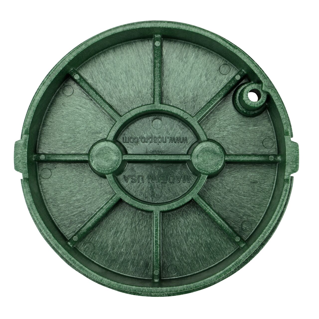 Top down view of the underside of the green telecom cover for the NDS 10 in. Round Pro-Spec Series valve box showing reinforcing ribs that help support pedestrian and lawn care equipment (NDS 311BCBT)