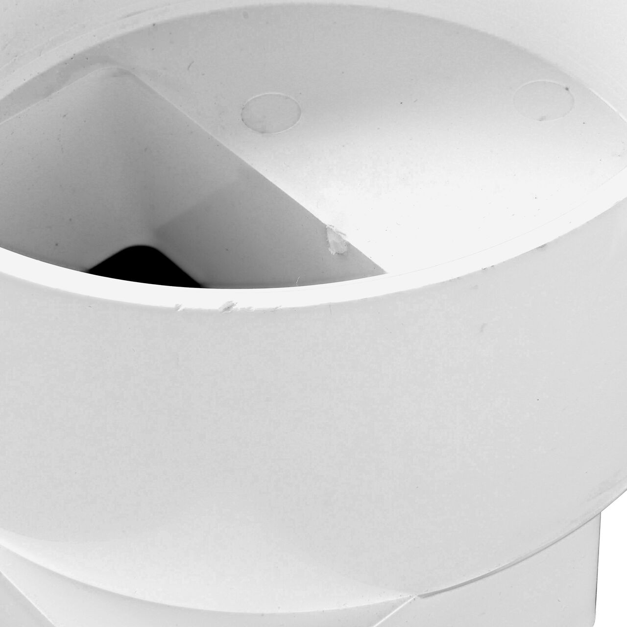 Closeup of the 4X6 in. Downspout connection on the PVC offset downspout adapter (NDS 9P10)