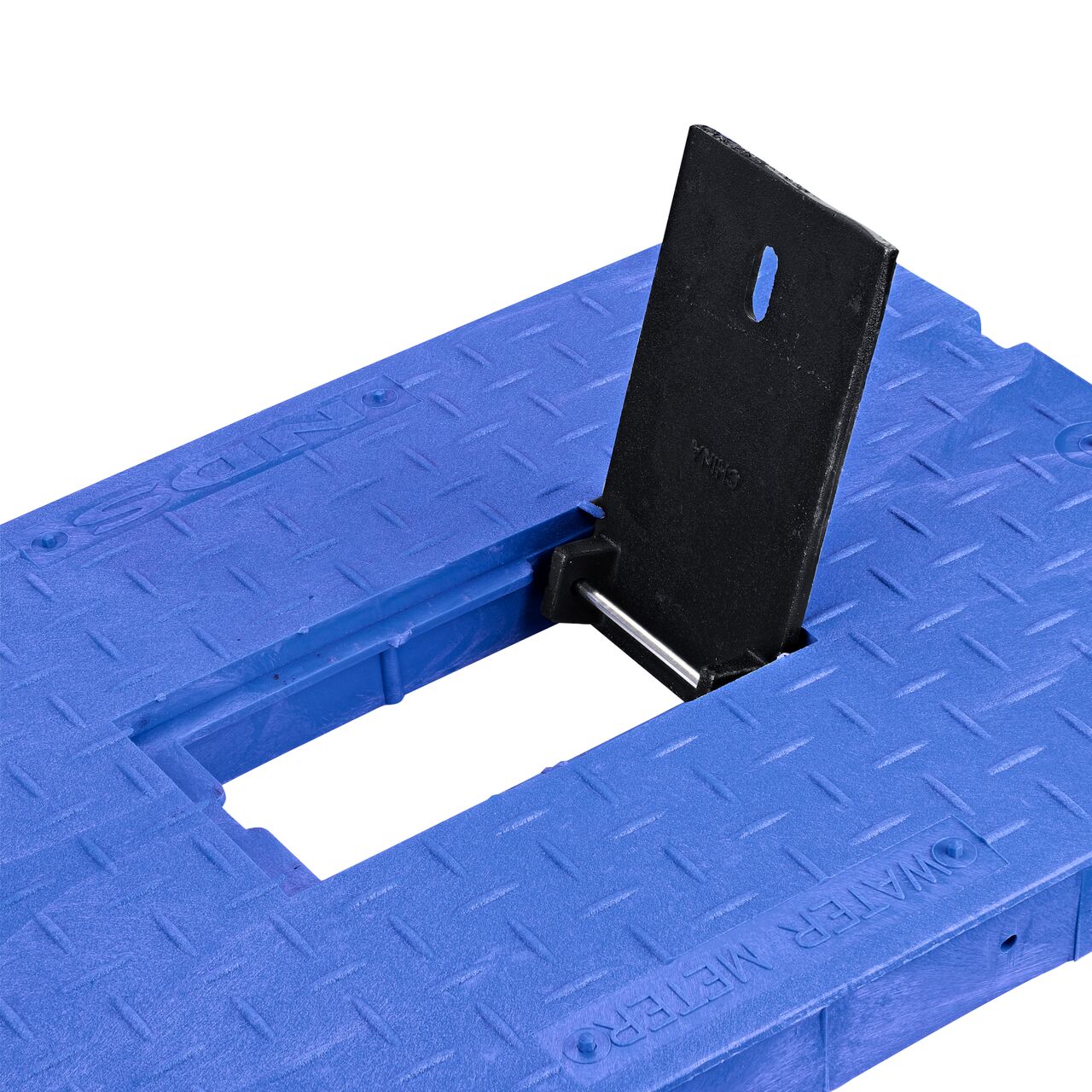 Closeup view of the Cast Iron reader door opened with the finger hole on the Blue Water Meter Drop-in cover (NDS D1500-DICIRBLU) for the NDS 13 in. X 20 in. Rectangular Standard Series Meter Box