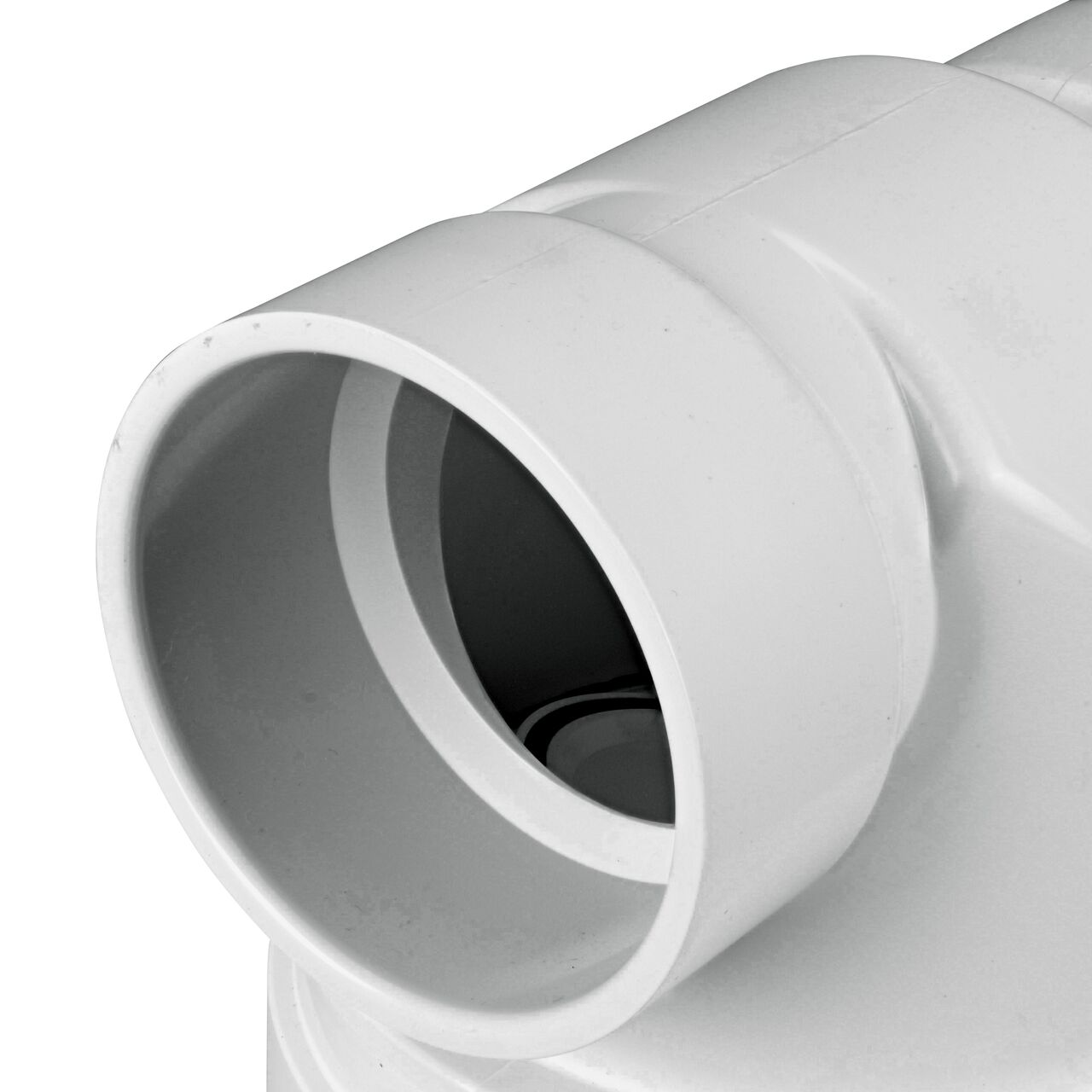 Close up of the inlet end of the NDS 3 in. White PVC Backwater Valve with Riser and Cover (NDS 375PR) which fits DWV pipe