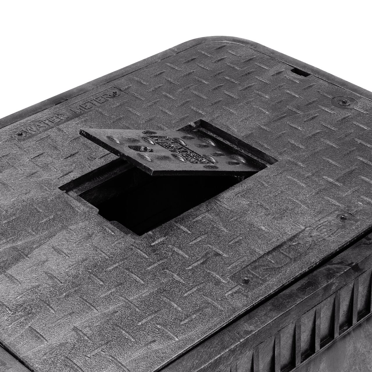 Closeup view of the pipe hole on the Black NDS 13 in. X 20 in. Rectangular Standard Series Meter Box (NDS D1500-DICIR) for water and irrigation pipe connections