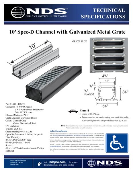 NDS Spee-D® Channel Drain Assembly with Prefastened Galv. Steel Grates Tech Spec