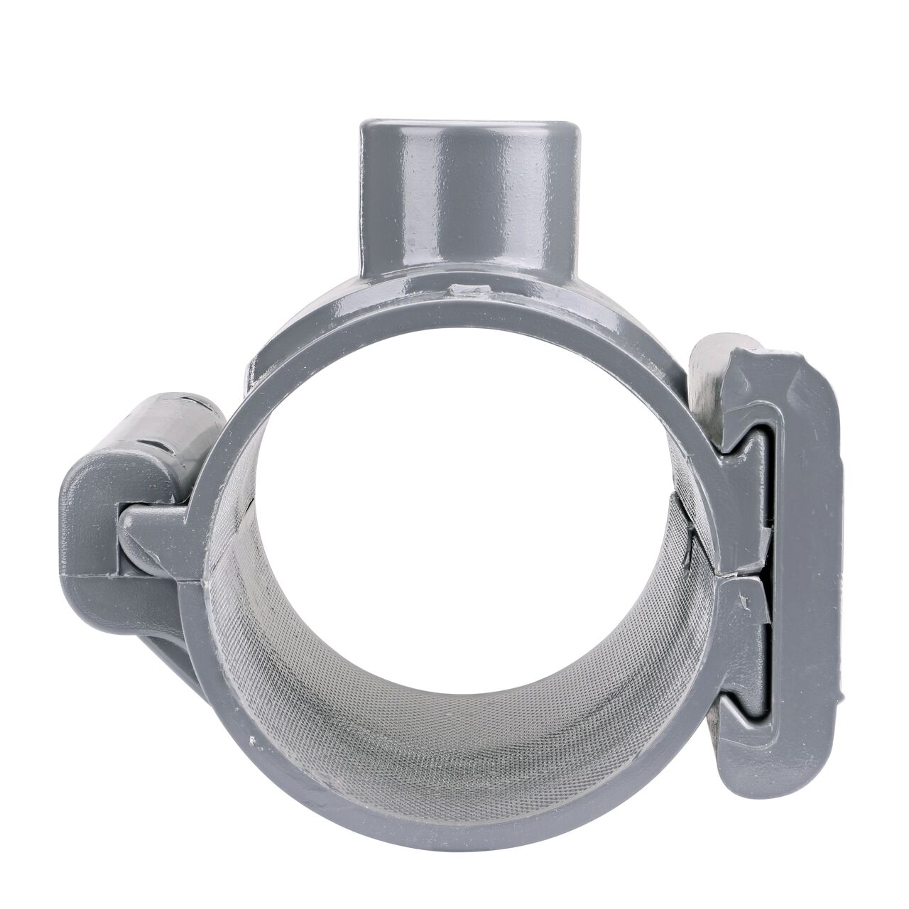 Front facing view of the NDS Clamp-It™ Rigid PVC Saddle with 1 in. slip connection on top (NDS 453010) for 3 in. PVC pipe showing both the wedge and hinge sides