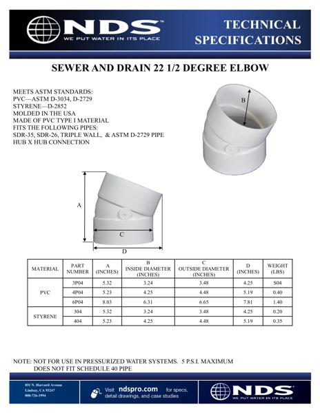 NDS S&D 22.5° Elbow Hub X Hub Tech Spec