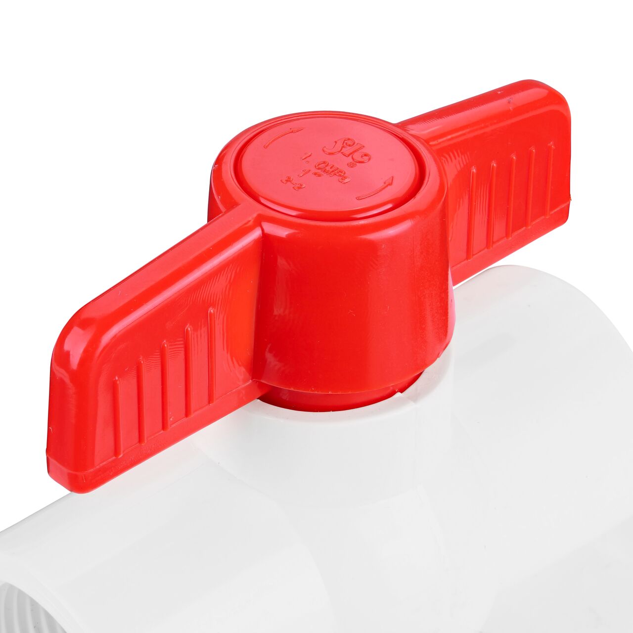 Closeup of the NDS IPS Ball Valve showing the handle that rotates two ways to control water flow (NDS E1320-10)