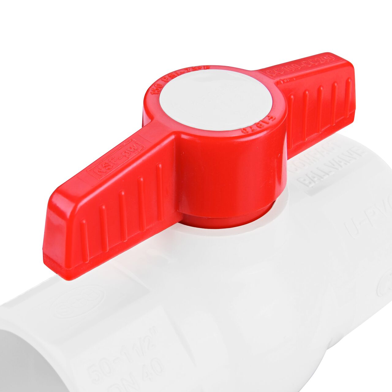 Closeup of the NDS IPS Ball Valve showing the handle that rotates two ways to control water flow (NDS E1410-15)