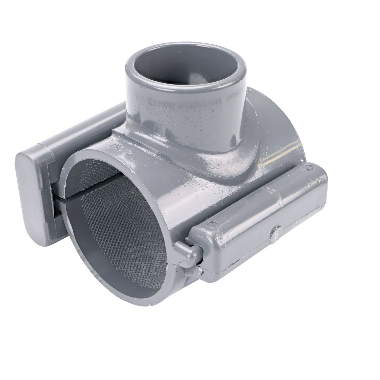 The NDS Clamp-It™ Rigid PVC Saddle with 1-1/2 in. slip connection on top (NDS 432515) for 2-1/2 in. PVC pipe has a patented wedge design on one side and hinge on the other to install a sprinkler irrigation system to existing pipe without any bolts