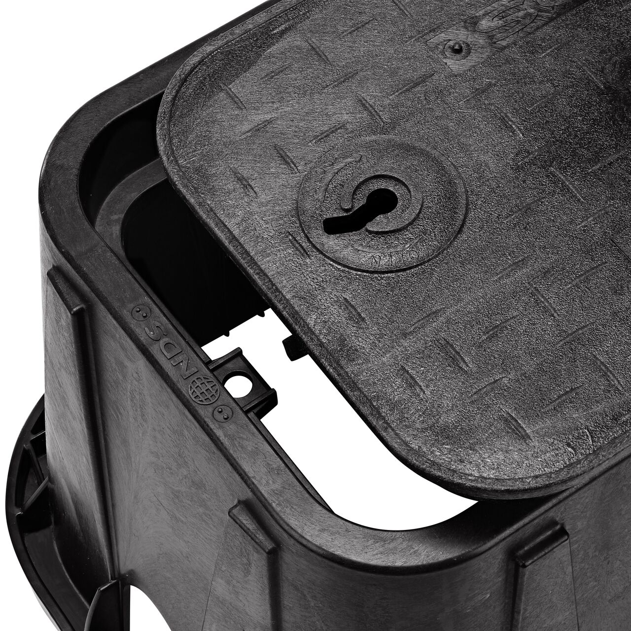 Align the bolt hole on the lid with the universal locking mechanism hole from the NDS 14 in. X 19 in. Rectangular Standard Series Black Meter Box and Black Water Meter Cover (NDS D1200-OLLOCB) for a secure fit