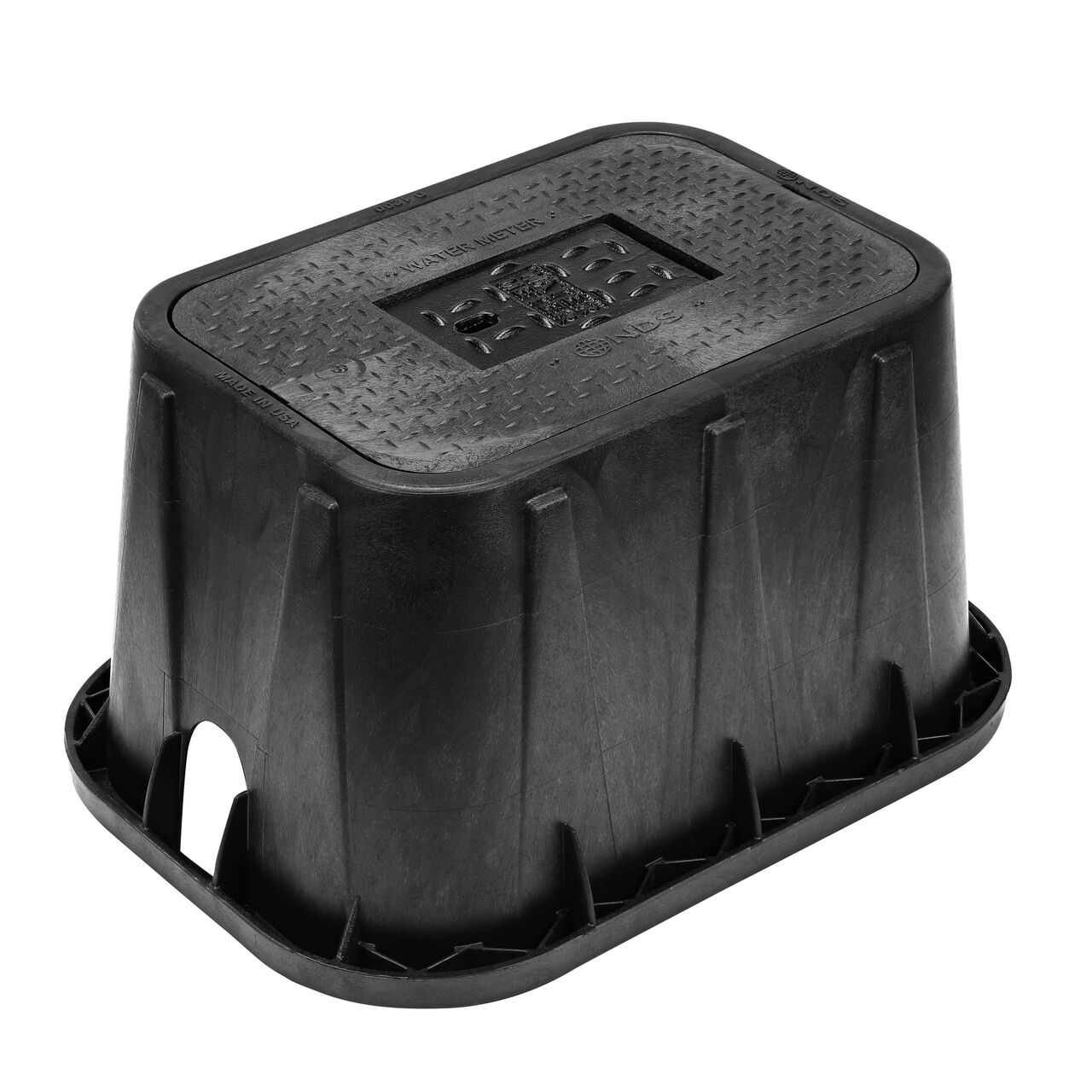 The NDS 14 in. X 19 in. Rectangular Standard Series Meter Box and Cover is a 12 in. high Black box and Black Cover with Water Meter markings on the Drop-in lid (NDS D1200-DICIR) with a Cast Iron reader door and protects underground irrigation and sprinkler system components and keeps them out of sight