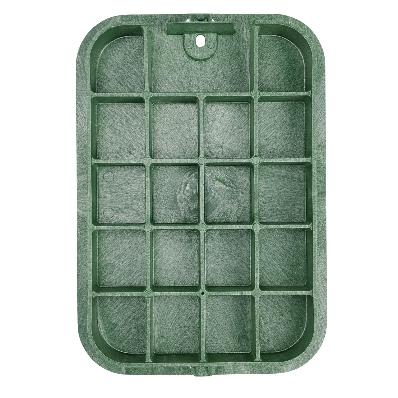 Top down view of the underside side of the Green Irrigation Control Valve cover (NDS 115TBC) for the NDS 14 in. x 19 in. Rectangular Standard Series valve box tapered extension, showing reinforcing ribs that are load rated to withstand pedestrian traffic and the rigors of lawn care equipment