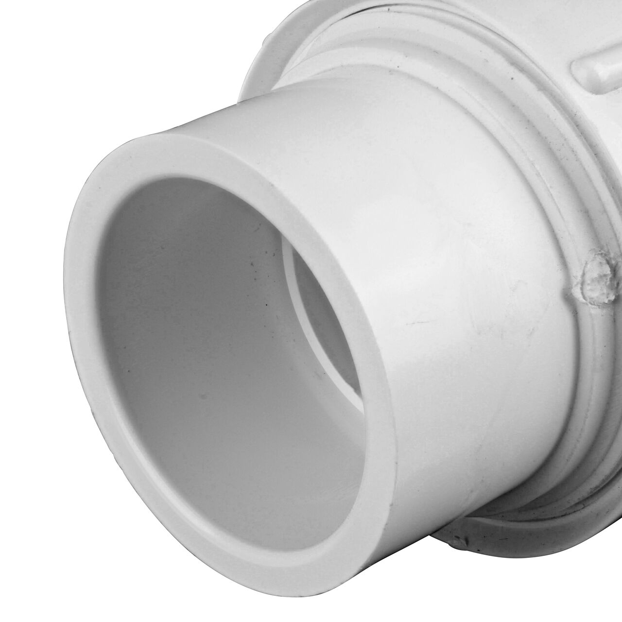 Closeup of the union inlet end of the NDS White 1-1/2 in, IPS U X U Checkmate PVC Swing Check and Ball Valve Combination (NDS 2200-15TU)