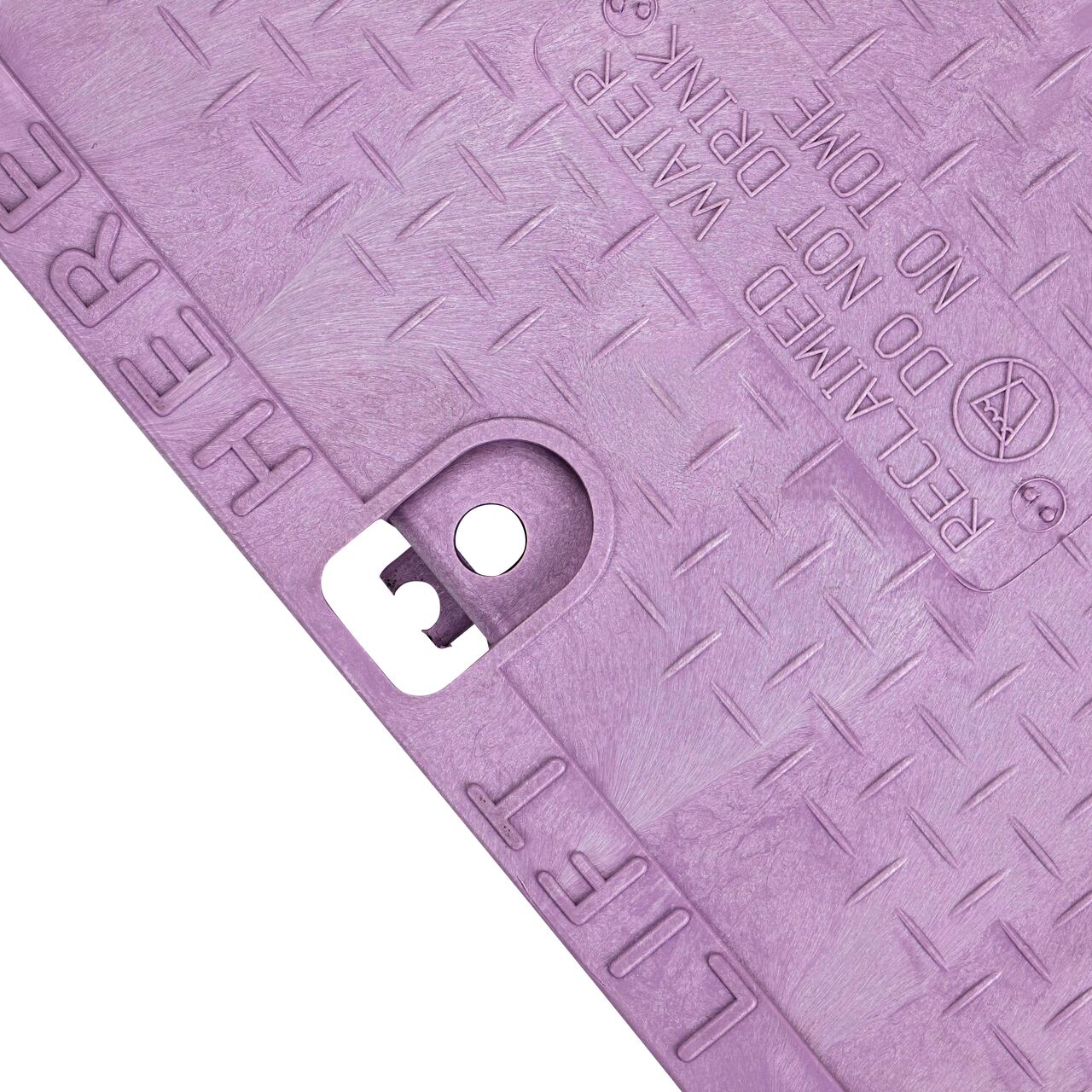 Closeup view of the locking mechanism and bolt hole on the Reclaimed Water cover (NDS 117CR) for the NDS 13 X 20 in. Rectangular Standard Series Valve Box