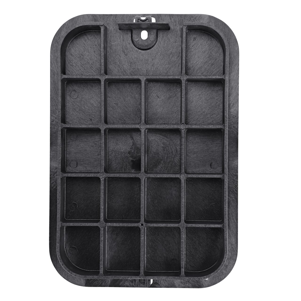 Top down view of the underside of the Black Irrigation Control Valve cover (NDS 113CB) for the NDS 14 X 19 in. Rectangular Standard Series valve box showing reinforcing ribs that help support pedestrian and lawn care equipment