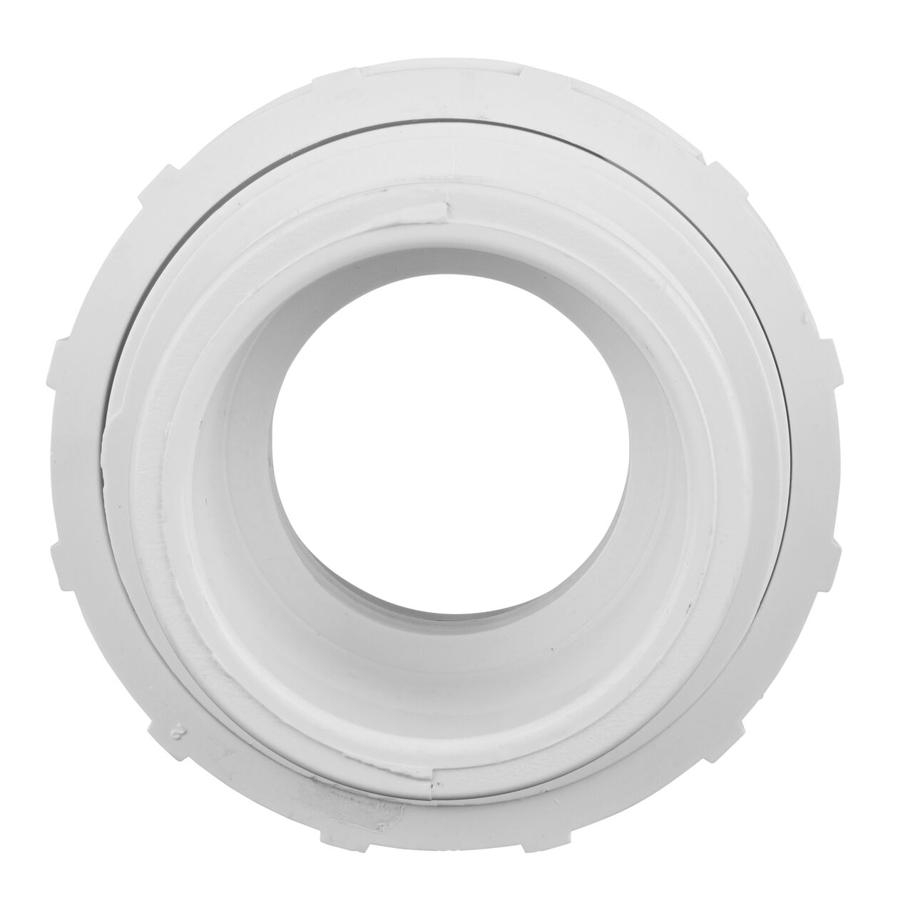 The inside of the PVC Union, 2 in. Sch. 40 S X S which allows water to flow through while preventing leaks and made of durable PVC plastic (NDS WU-2000-S)