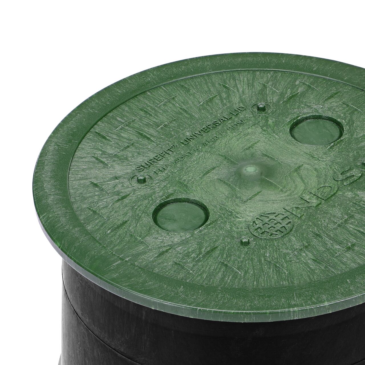Closeup of the 6 in. Round SureFit Universal Valve Box Lid (NDS 6RND-UC) installed on a black 6 in. Orbit valve box