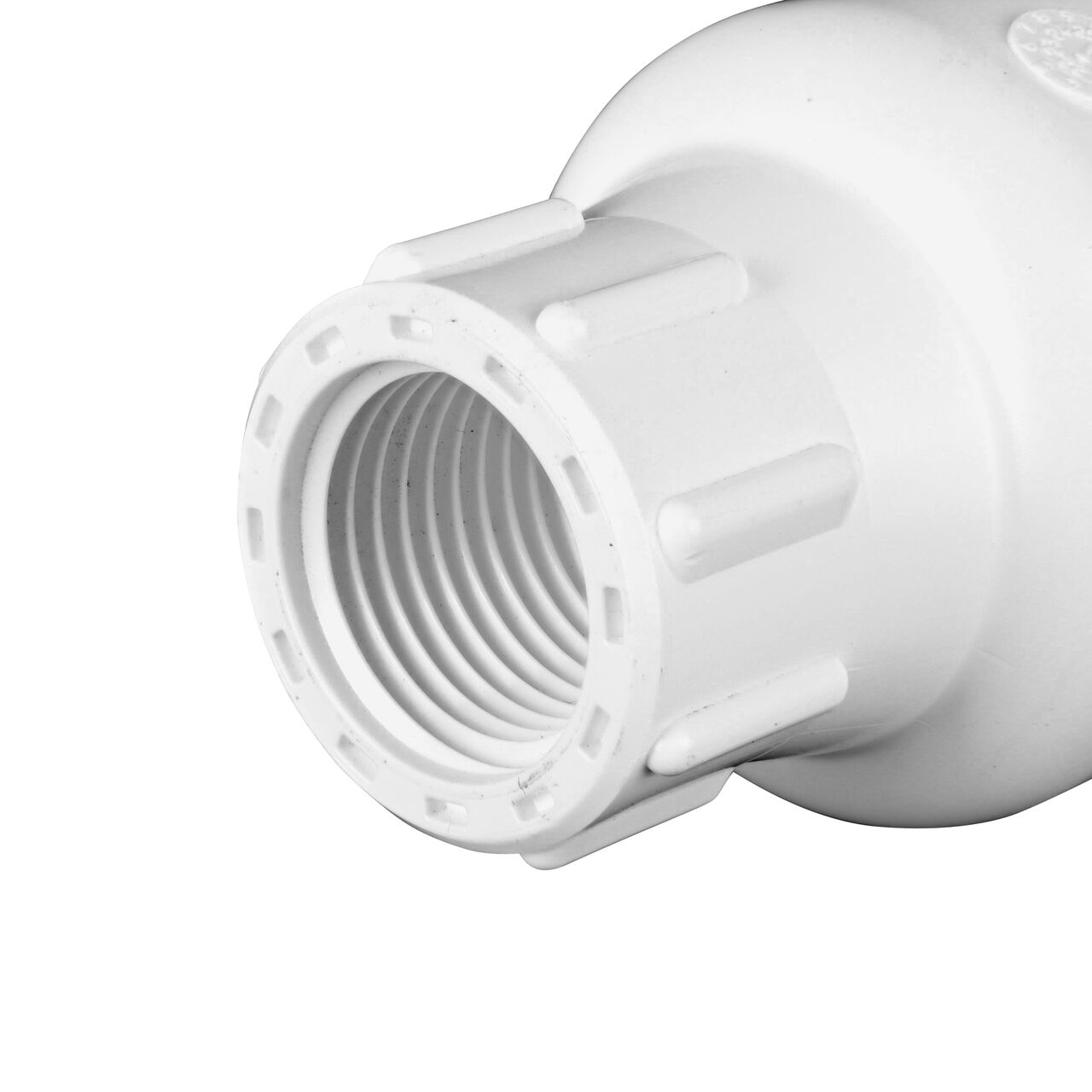 Closeup of the non-sloped end of the threaded NDS 1/2 in. White PVC Spring Check Valve (NDS 1001-05, 1002-05)