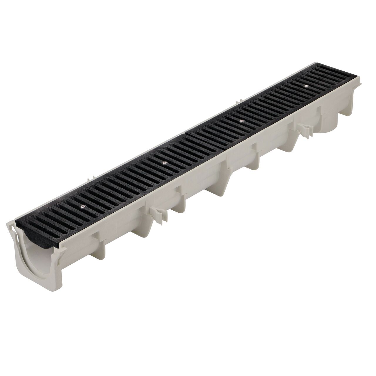 Two black plastic Dura Slope™ Channel Drain Grate (NDS 663) fits on one Dura Slope Channel Drain (NDS DS-091)