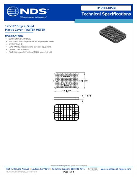 NDS 14 in. X 19 in. Rectangular D1200 Meter Box Drop-in Cover, Black Water Meter Tech Spec