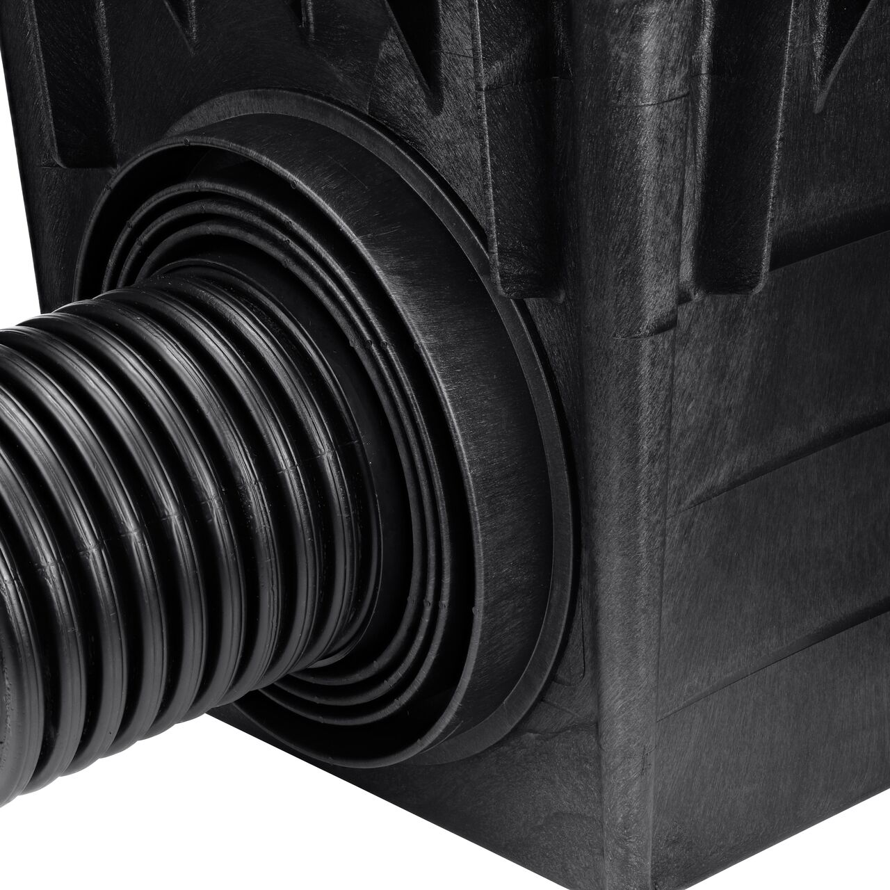 The NDS Outlet Adapter with Reducer Ring (NDS 2410) connects 8 in. corrugated drain pipes to the 24 in. NDS Catch Basin Drain (NDS 2400)