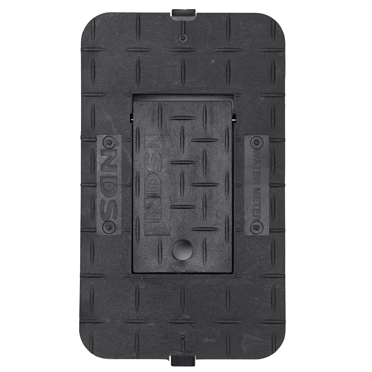 Top down view of the top side of the Black Water Meter Drop-in cover (NDS D1000-RBL) with Plastic reader door for the NDS 10 in. X 15 in. Rectangular Standard Series