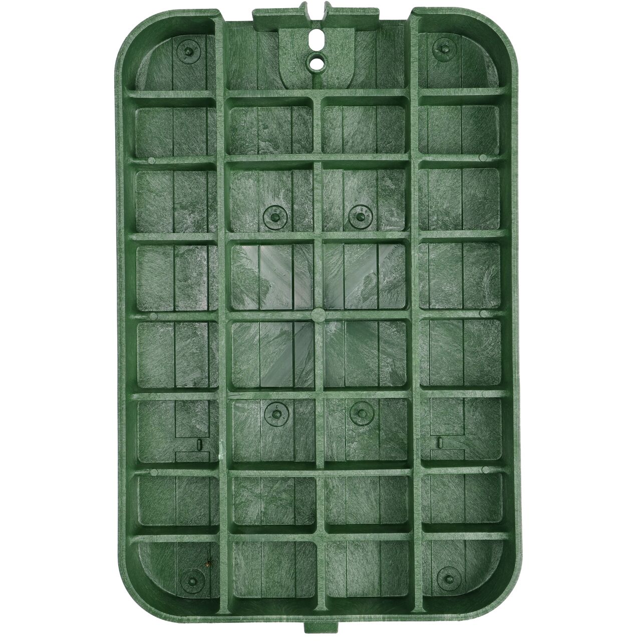 Top down view of the underside side of the drop-in Green Irrigation Control Valve cover (NDS 113BCD) for the NDS 14 X 19 Rectangular Standard Series valve box, showing reinforcing ribs that are load rated to withstand pedestrian traffic and the rigors of lawn care equipment