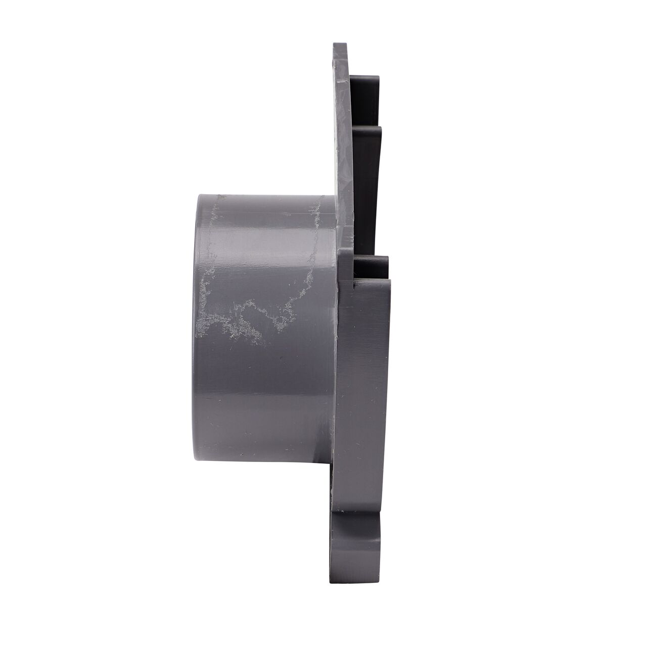 Side view of the circular end of the NDS Gray Mini Channel™ Drain End Outlet (NDS 546)