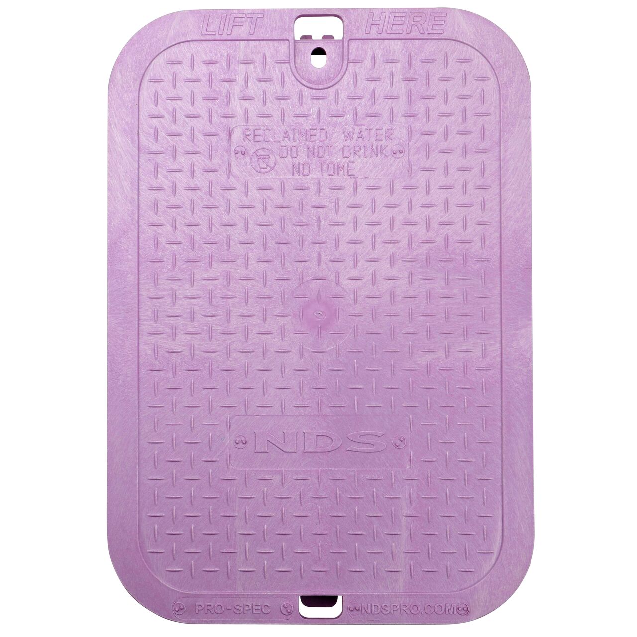 Top down view of the top side of the Purple Reclaimed Water overlapping cover (NDS 313CR) for the NDS 14 in. X 19 in. Rectangular Pro-Spec® Series