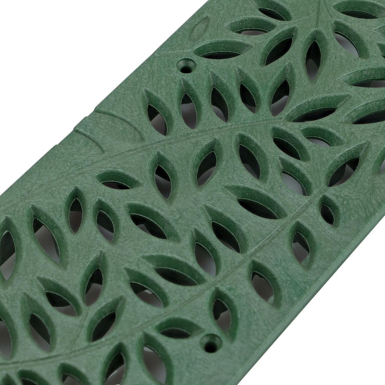 Closeup angled view of Spee-D® Channel Drain Grate, Decorative Botanical Design in Green Plastic (NDS 252GR)