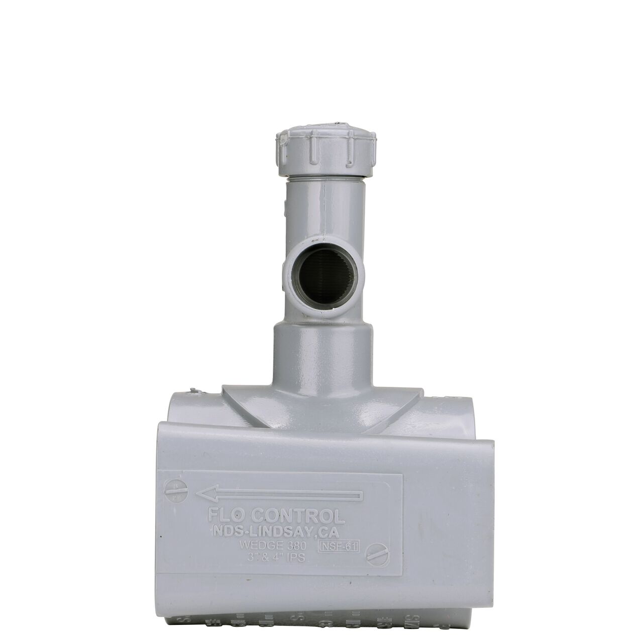 Side view showing patented wedge design and water flow on the 3 in. NDS Flo-Tap™ Rigid PVC Saddle with a 3/4 in. Socket or 1 in. spigot connection on top (NDS 3130)