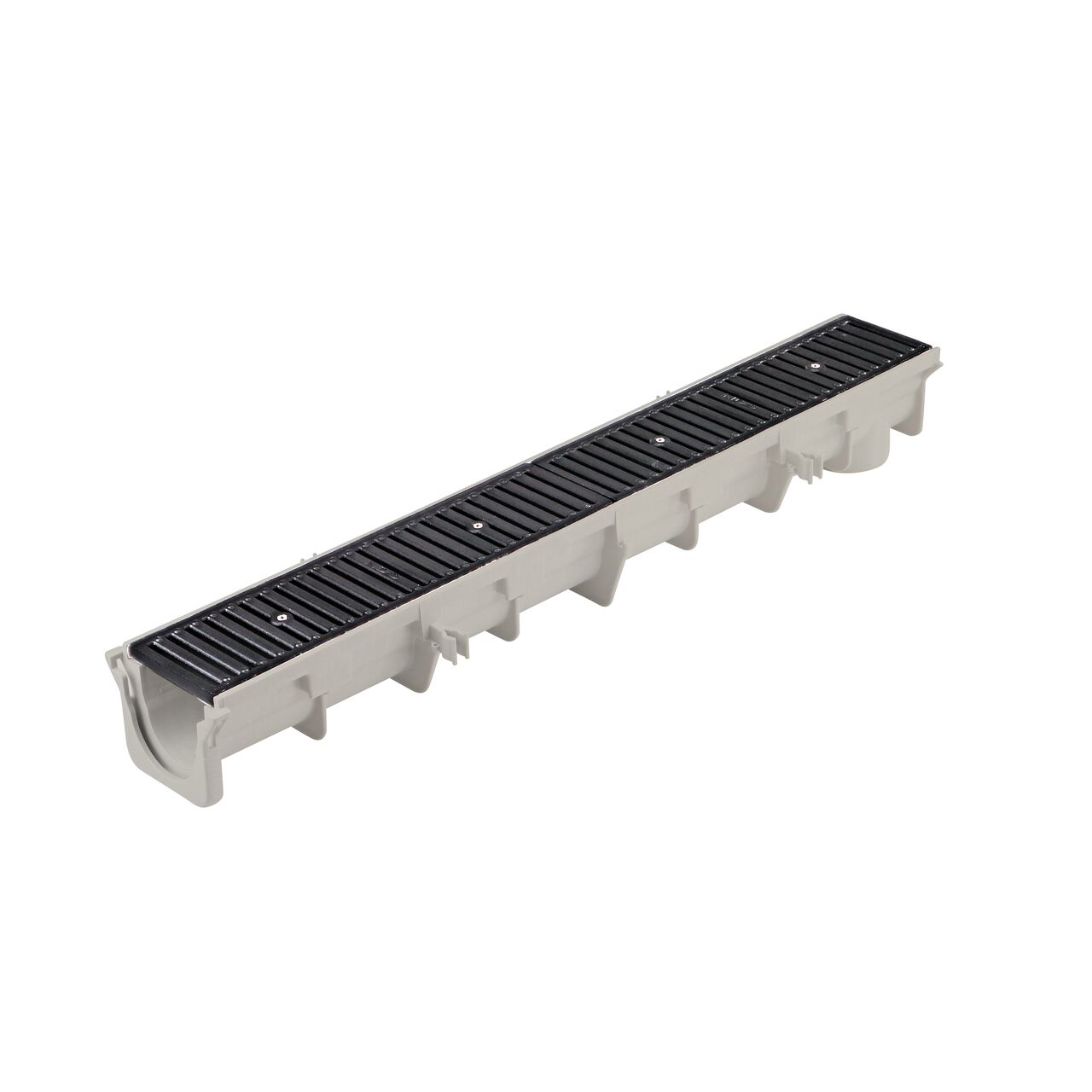 Alternate view of the Dura Slope Heavy Duty Cast Iron Channel Grate (NDS DS-231) showing female end of drain (NDS DS-091)